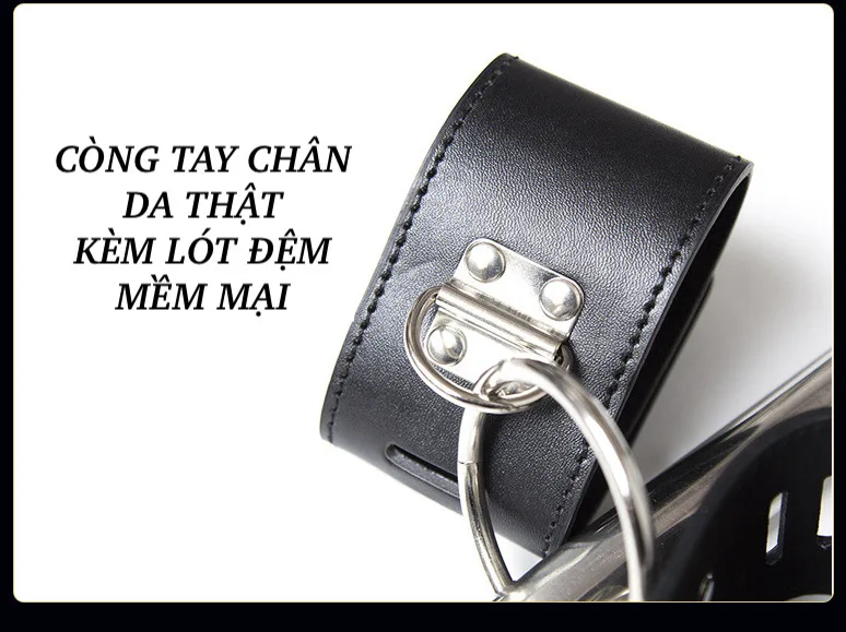 Còng tay chân cố định bằng đòn sắt – Sextoy bạo dâm BDSM — Phần còng tay và chân được bọc da thật, lót đệm mềm mại bên
