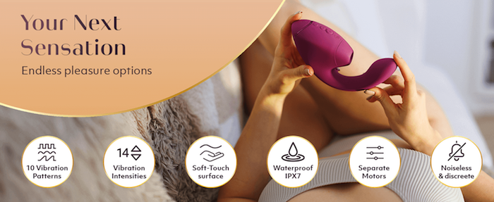 Máy rung hút âm vật Womanizer Next Duo 2 in 1 công nghệ hút — Công nghệ kích thích kép – Tác động đồng thời hai điểm nhạy