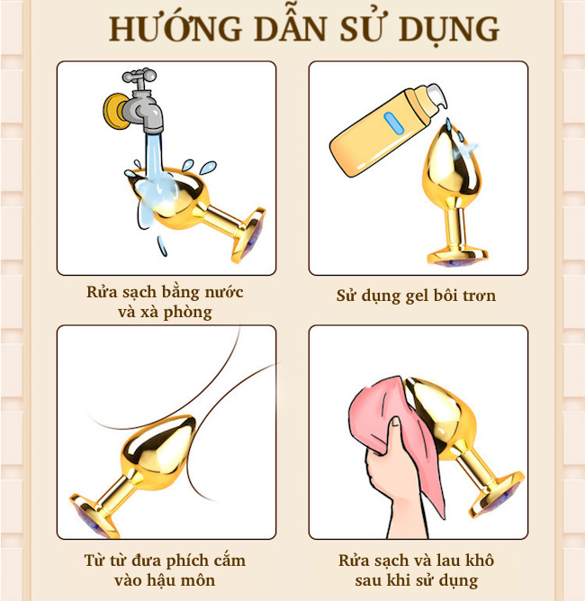 Phích inox cắm hậu môn vàng đính đá tinh tế, dụng cụ BDSM