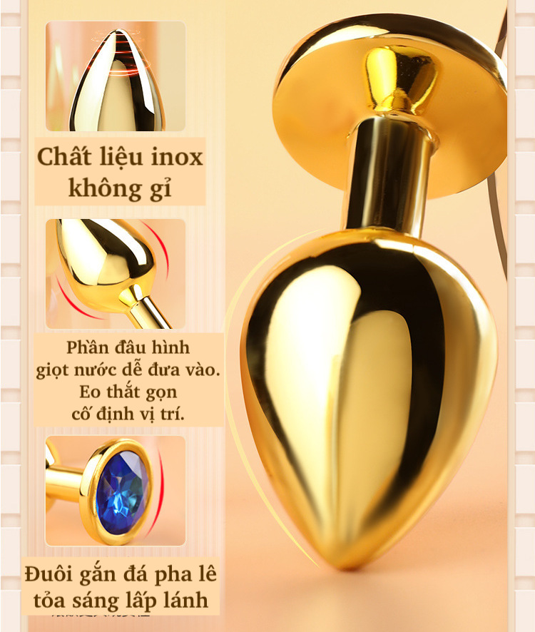 Phích inox cắm hậu môn vàng đính đá tinh tế, dụng cụ BDSM