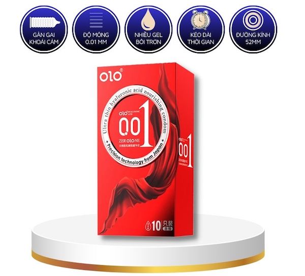Bao cao su Olo thin 0.01 đỏ siêu mỏng gân gai hộp 10c tăng khoái cảm