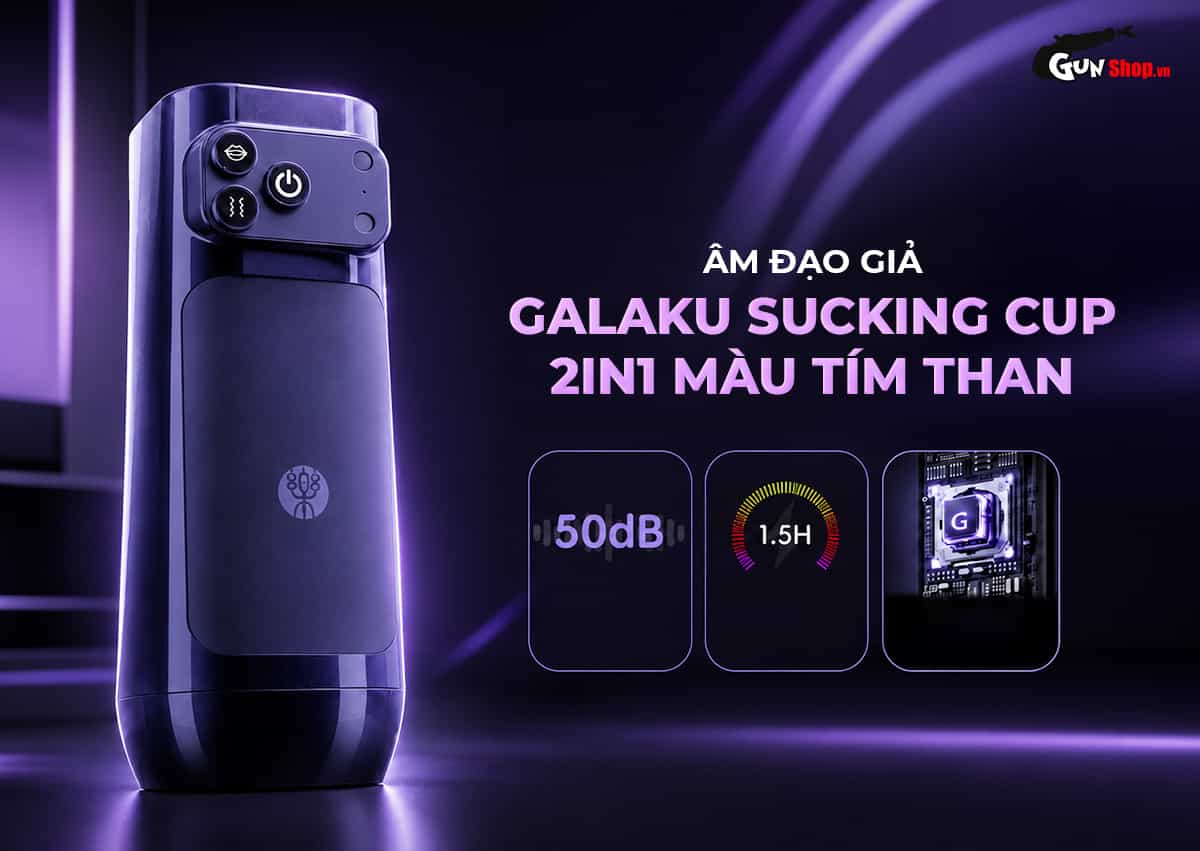Âm đạo giả Galaku Sucking Cup 2in1 màu tím than độc đáo, rung hút đa chế độ