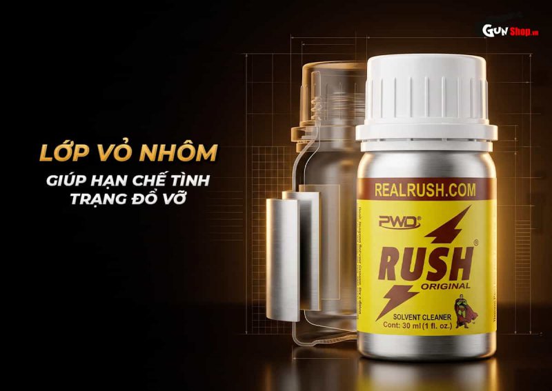 Popper khô PWD USA Rush Original 30ml với lớp vỏ nhôm hạn chế va đập, đỗ vỡ