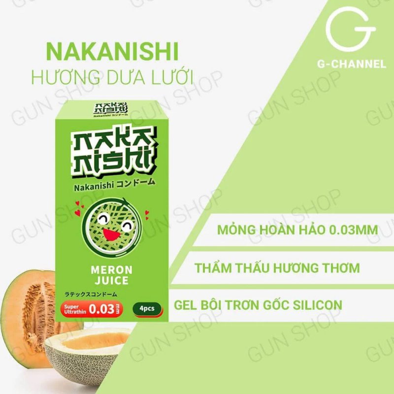 Bao cao su Nakanishi siêu mỏng 0.03mm hương dưa lưới, hộp 4 cái giá tốt