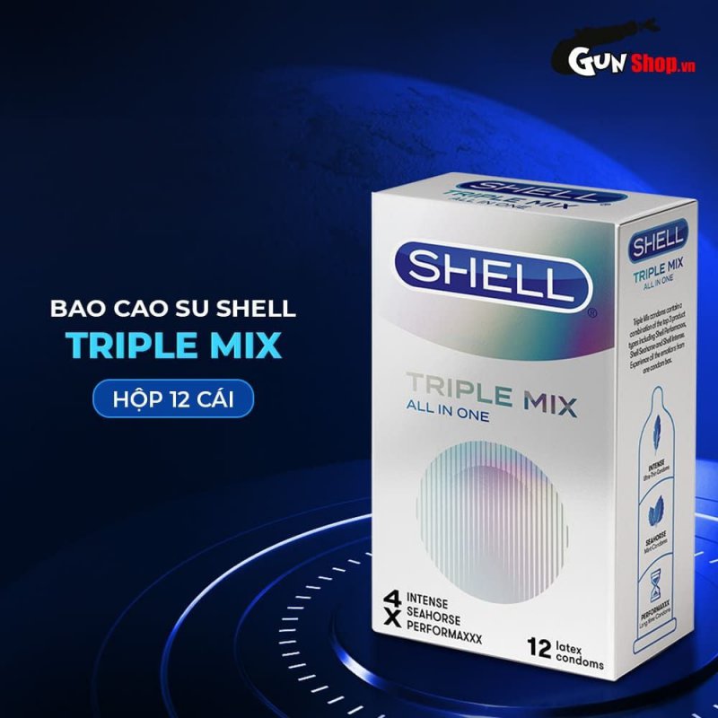 Bao cao su Shell Triple Mix mỏng mát, gân gai kích thích, hộp 12