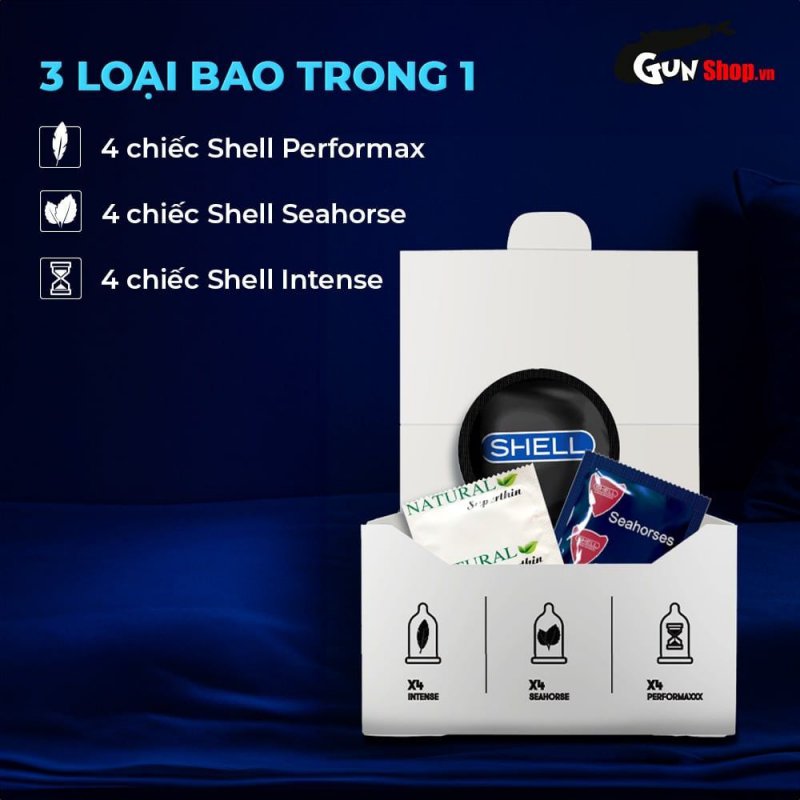 Bao cao su Shell Triple Mix mỏng mát, gân gai kích thích, hộp 12