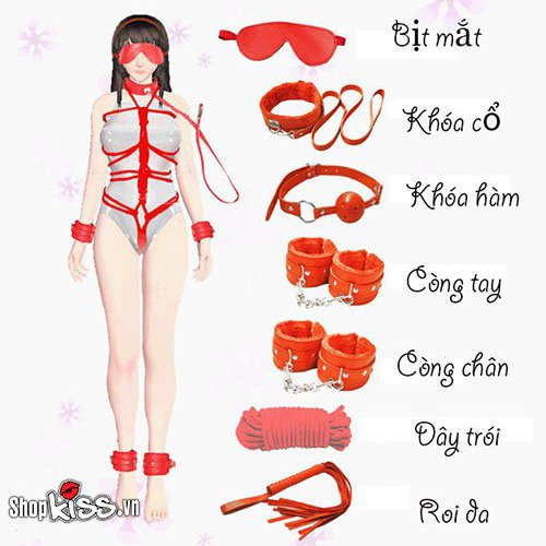 Bộ đồ chơi BDSM da đỏ QT07 7 món kích thích thú vị