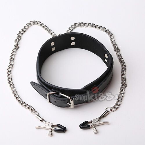 Vòng cổ kẹp núm vú da PU bạo dâm BDSM kích thích đam mê