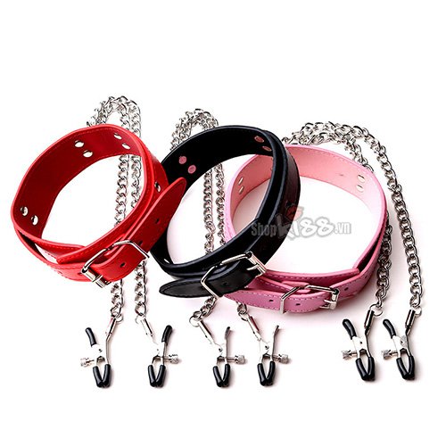 Vòng cổ kẹp núm vú da PU bạo dâm BDSM kích thích đam mê