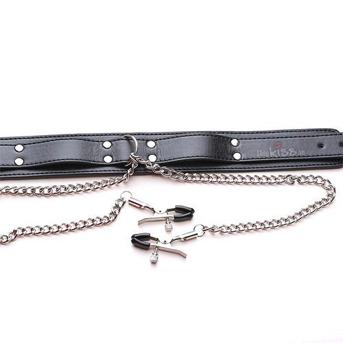 Vòng cổ kẹp núm vú da PU bạo dâm BDSM kích thích đam mê