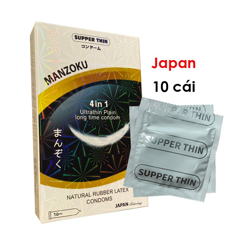 Bao cao su Manzoku 4 in 1 Nhật Bản Ultrathin Plain long time supper thin trắng siêu mỏng