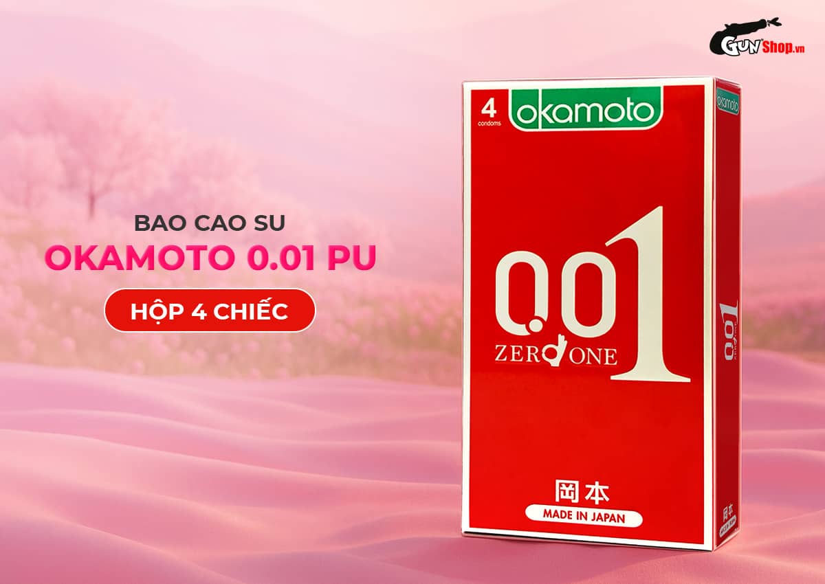 Bán Bao cao su Okamoto 0.01 PU - Siêu mỏng tàng hình, truyền nhiệt chân thật - Hộp 4 cái hàng mới về