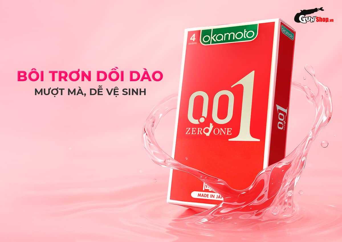 Bán Bao cao su Okamoto 0.01 PU - Siêu mỏng tàng hình, truyền nhiệt chân thật - Hộp 4 cái hàng mới về