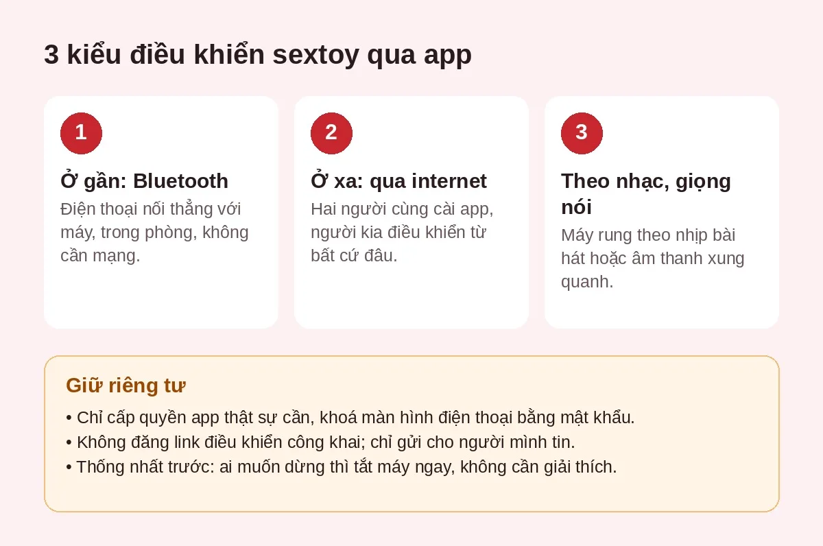 Ba kiểu điều khiển sextoy qua app: Bluetooth ở gần, qua internet ở xa, rung theo nhạc và giọng nói