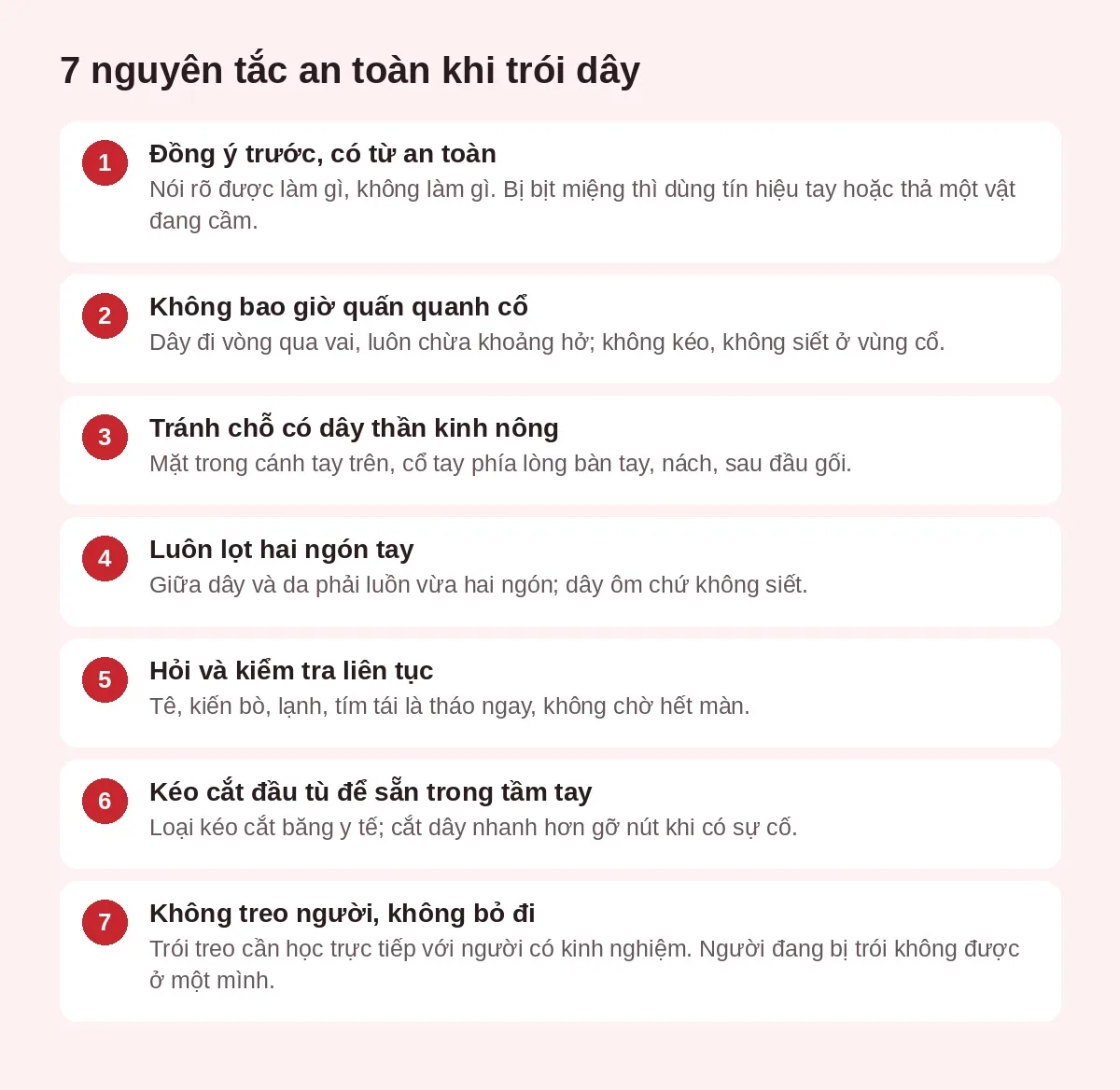 7 nguyên tắc an toàn khi trói dây shibari: đồng ý, không quấn cổ, tránh dây thần kinh, lọt hai ngón tay, kiểm tra, kéo cắt, không treo