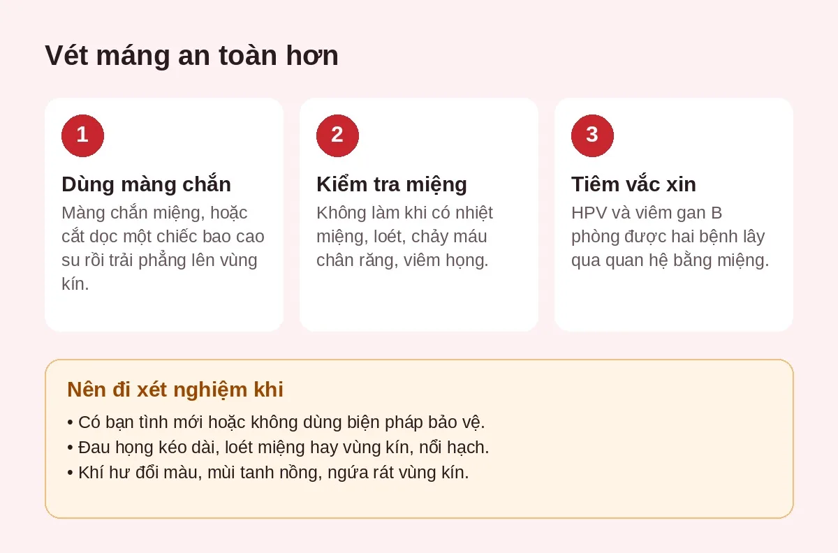 Vét máng an toàn hơn: dùng màng chắn, kiểm tra miệng, tiêm vắc xin HPV và viêm gan B; khi nào nên xét nghiệm