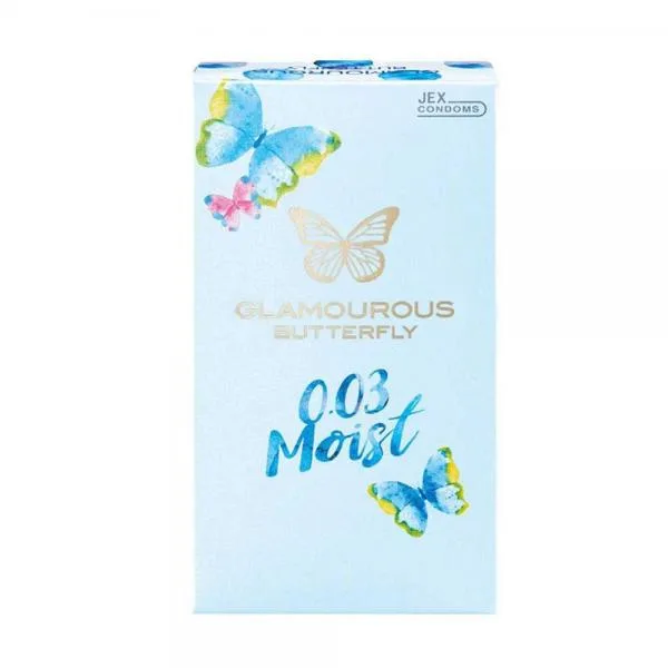 Bao cao su JEX Glamourous Butterfly 0.03 Moist - Siêu mỏng, vừa vặn, nhiều gel bôi trơn - Hộp 10 cái