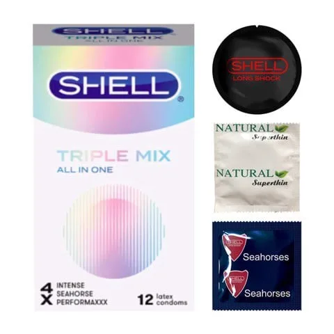 Bao cao su Shell Triple Mix mỏng mát, gân gai kích thích, hộp 12