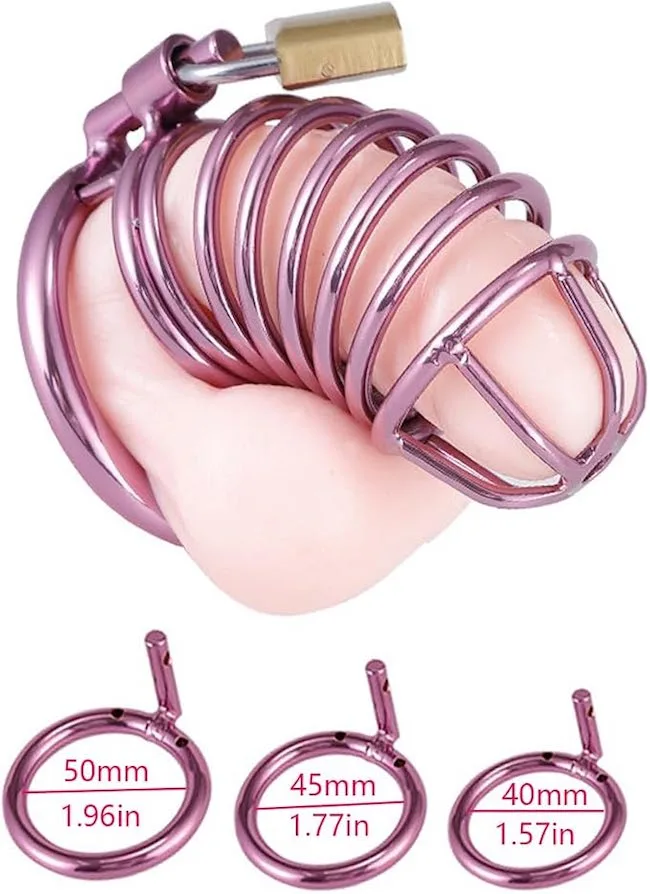 Lồng Khóa Dương Vật BDSM Thép Không Gỉ Màu Hồng Kèm 3 Cỡ Vòng — ảnh 2