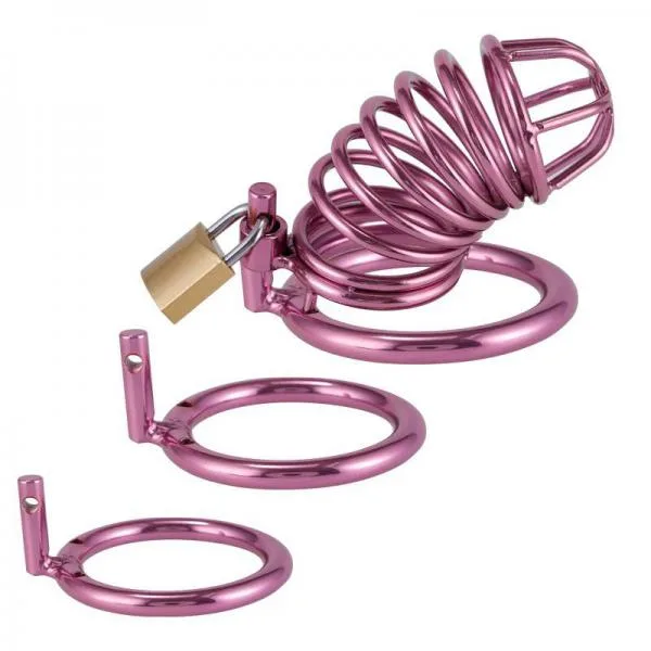 Lồng Khóa Dương Vật BDSM Thép Không Gỉ Màu Hồng Kèm 3 Cỡ Vòng
