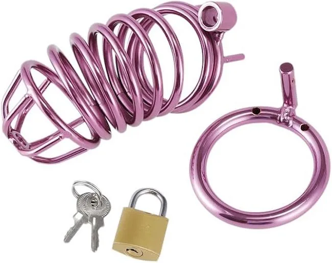 Lồng Khóa Dương Vật BDSM Thép Không Gỉ Màu Hồng Kèm 3 Cỡ Vòng — ảnh 4