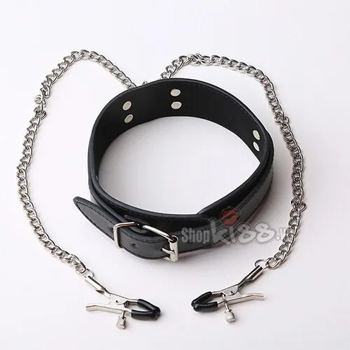 Vòng cổ kẹp núm vú da PU bạo dâm BDSM kích thích đam mê